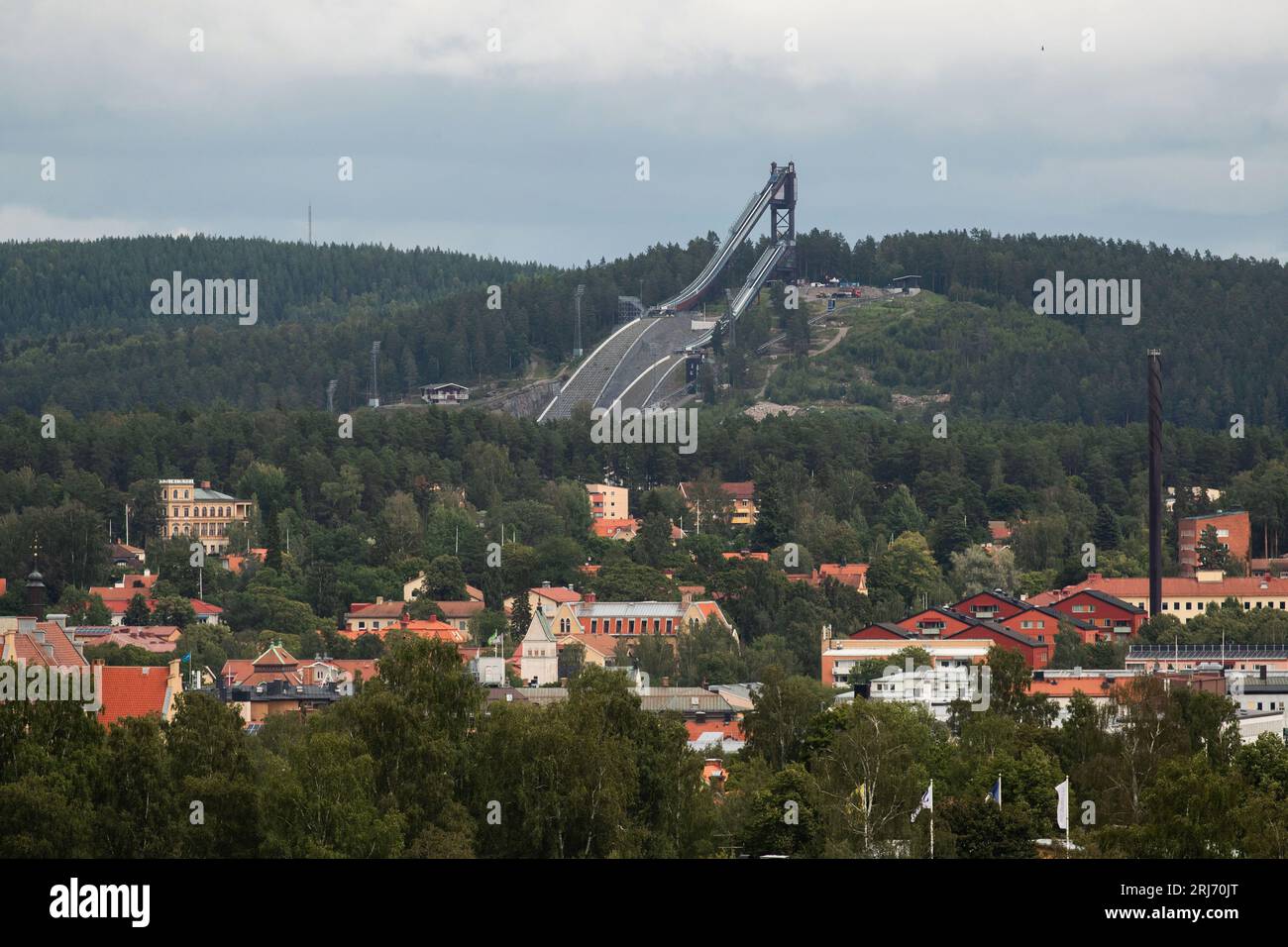 Lugnet is a large sport complex located in Falun, Sweden. In the picture: Lugnet HS134 is a large ski jumping hill. Stock Photo