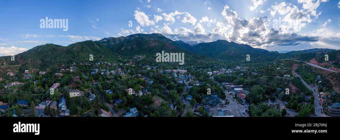 A breathtaking aerial view of Pike's Peak in Manitou Springs, Colorado, as seen from a drone Stock Photo