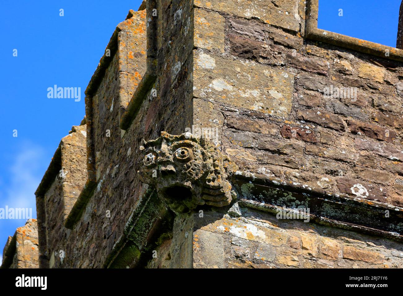 Tower detail with gargoyles, Church of St Steven & St Tathan, Caerwent village, South Wales. August 2023. Parish church. Stock Photo