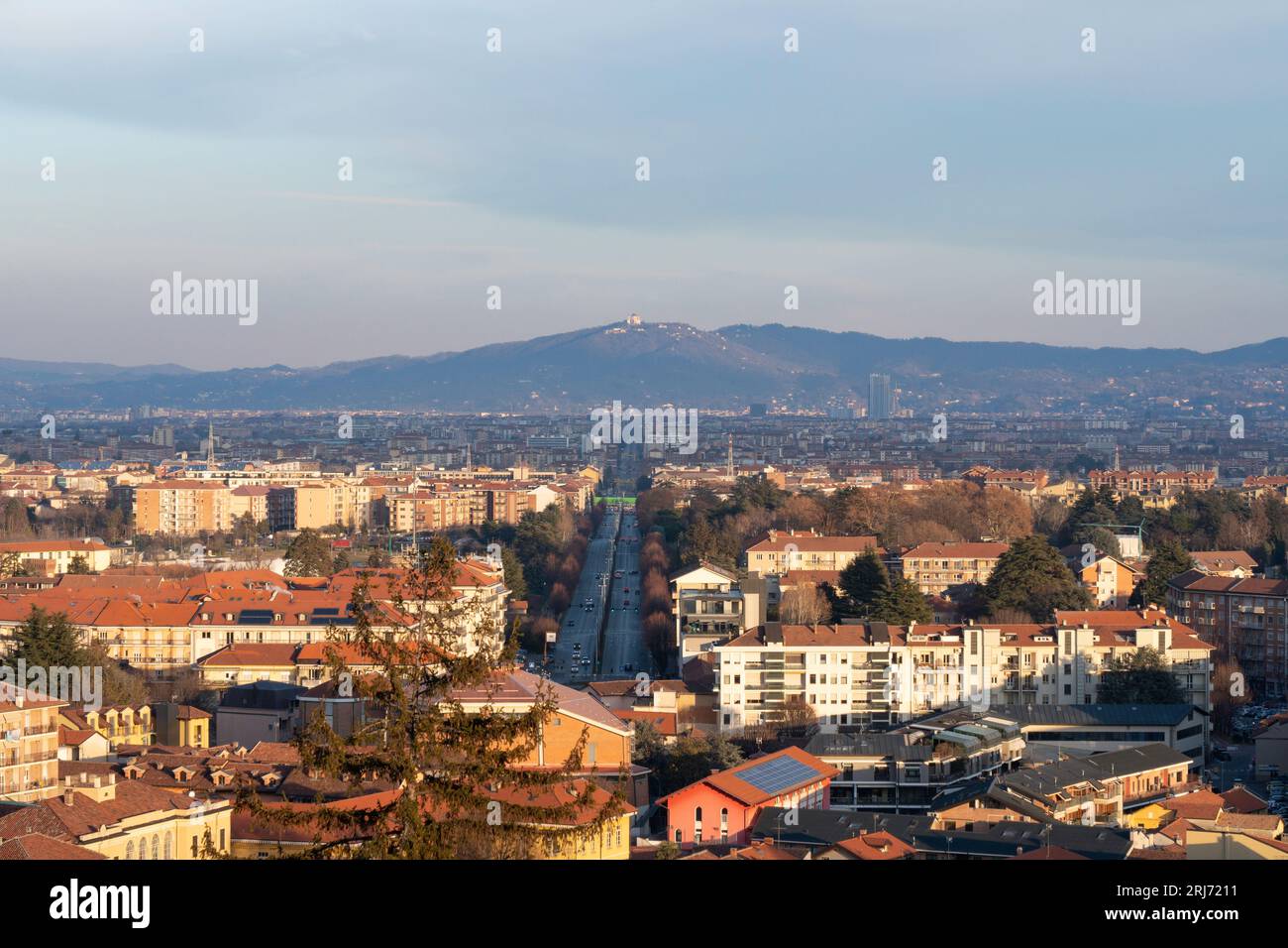 view of the Metropolitan City of Turin (Piedmont, Italy) from the Castle of Rivoli. Corso Francia, Superga. Stock Photo