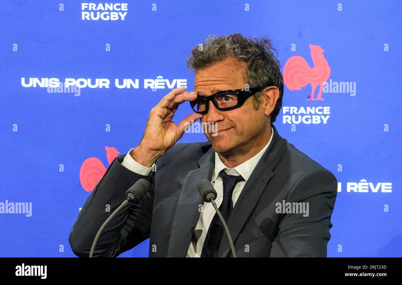 French head coach Fabien Galthie adjusts his glasses as he speaks during a  media conference to announce his squad for the 2023 Rugby World Cup in  Paris, Monday, Aug. 21, 2023. France
