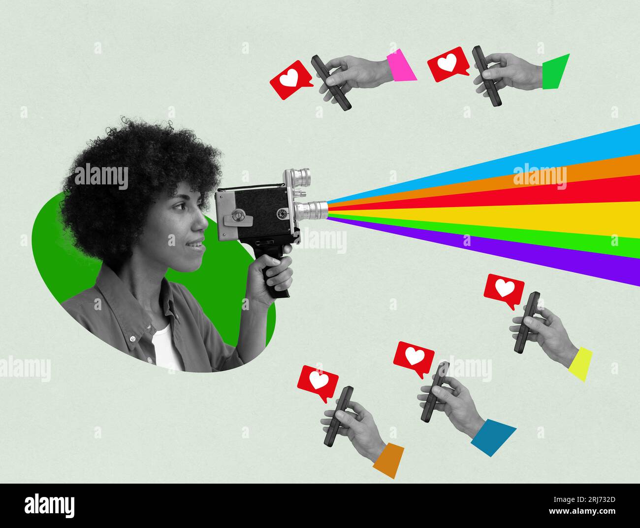 Young female influencer filming on a camera. Collage about positive comments on social media. Stock Photo