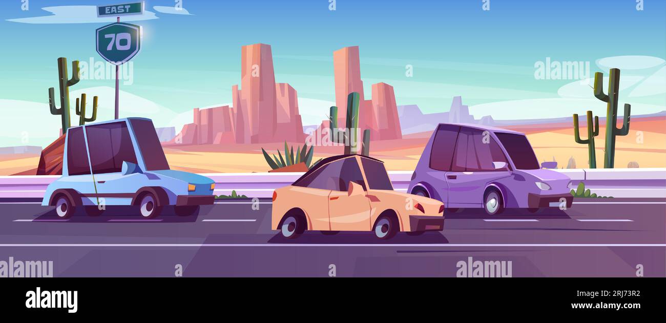 Desert west road and car traffic cartoon landscape background. Arizona trip route in summer with wild scenery. Cactus in drought sand western valley near boulder and texas roadway sign for journey Stock Vector