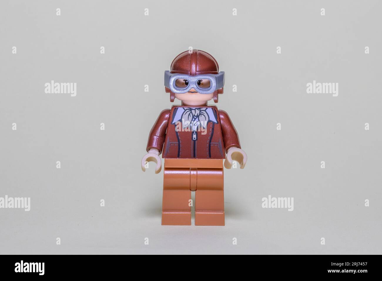 A closeup of an Amelia Earhart Lego isolated on a gray background Stock Photo Alamy