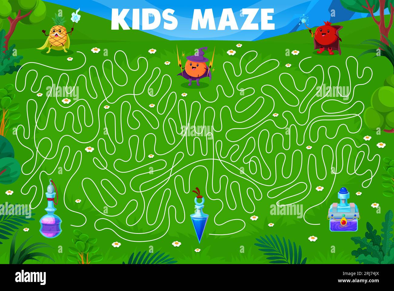 Halloween labyrinth maze game. Help to fruit wizards and mages find a