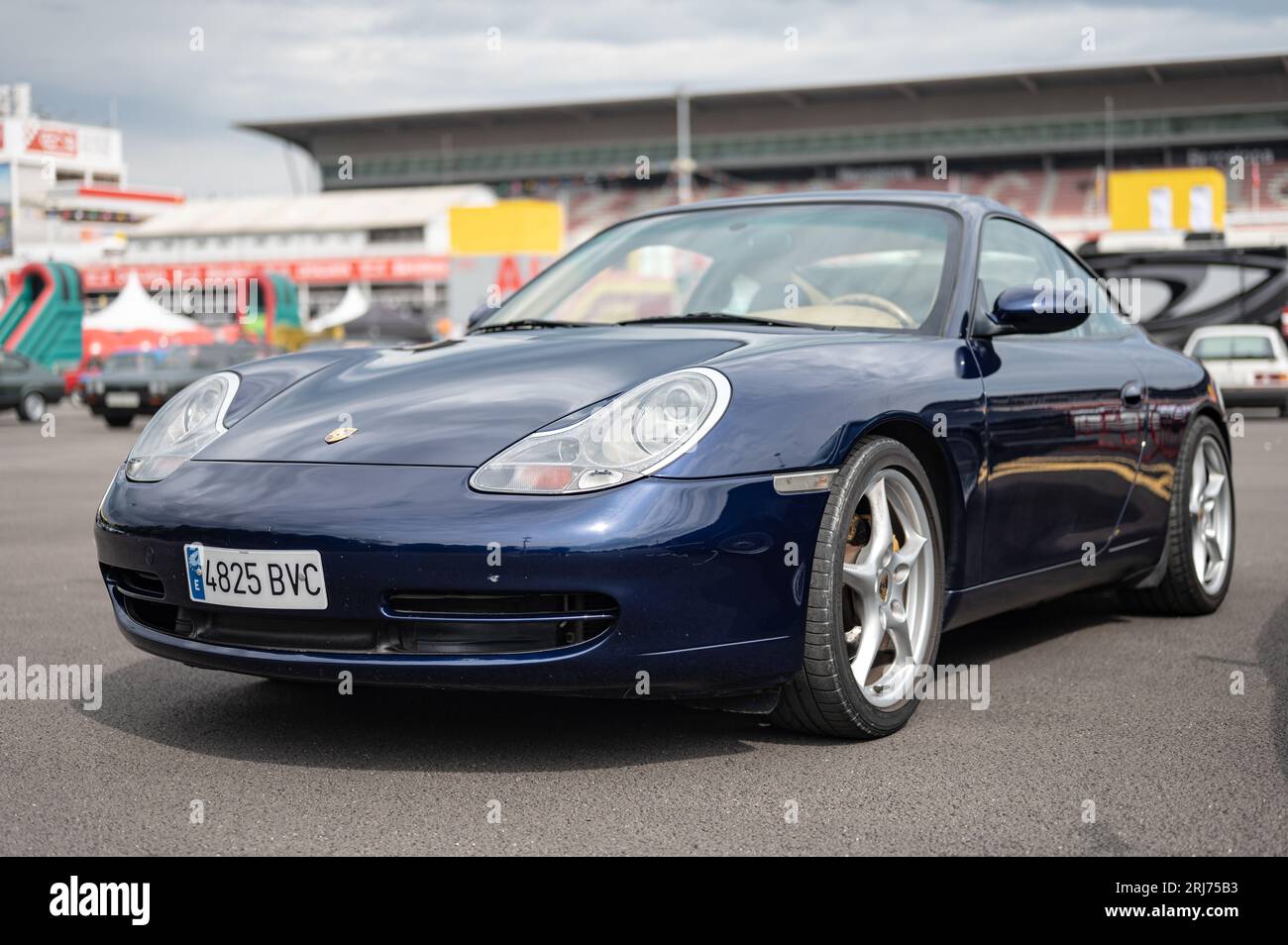 Front view of classic sports car Porsche 996 Carrera in blue color Stock Photo