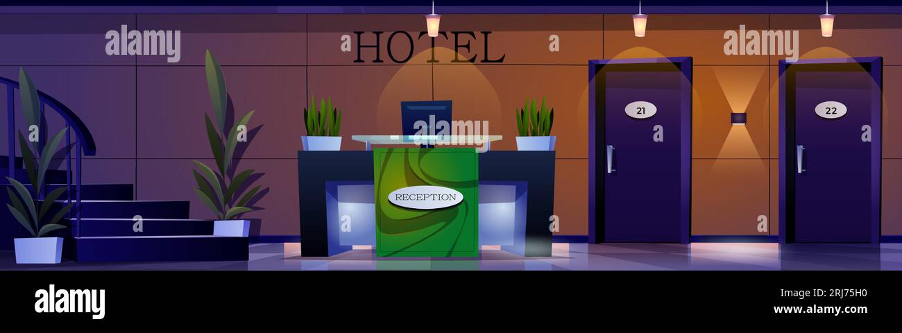 Hotel reception desk and lobby. Vector cartoon illustration of large hallway, locked room doors, flower pots with green plants, dimmed light in hall, computer on table, staircase. Hospitality business Stock Vector