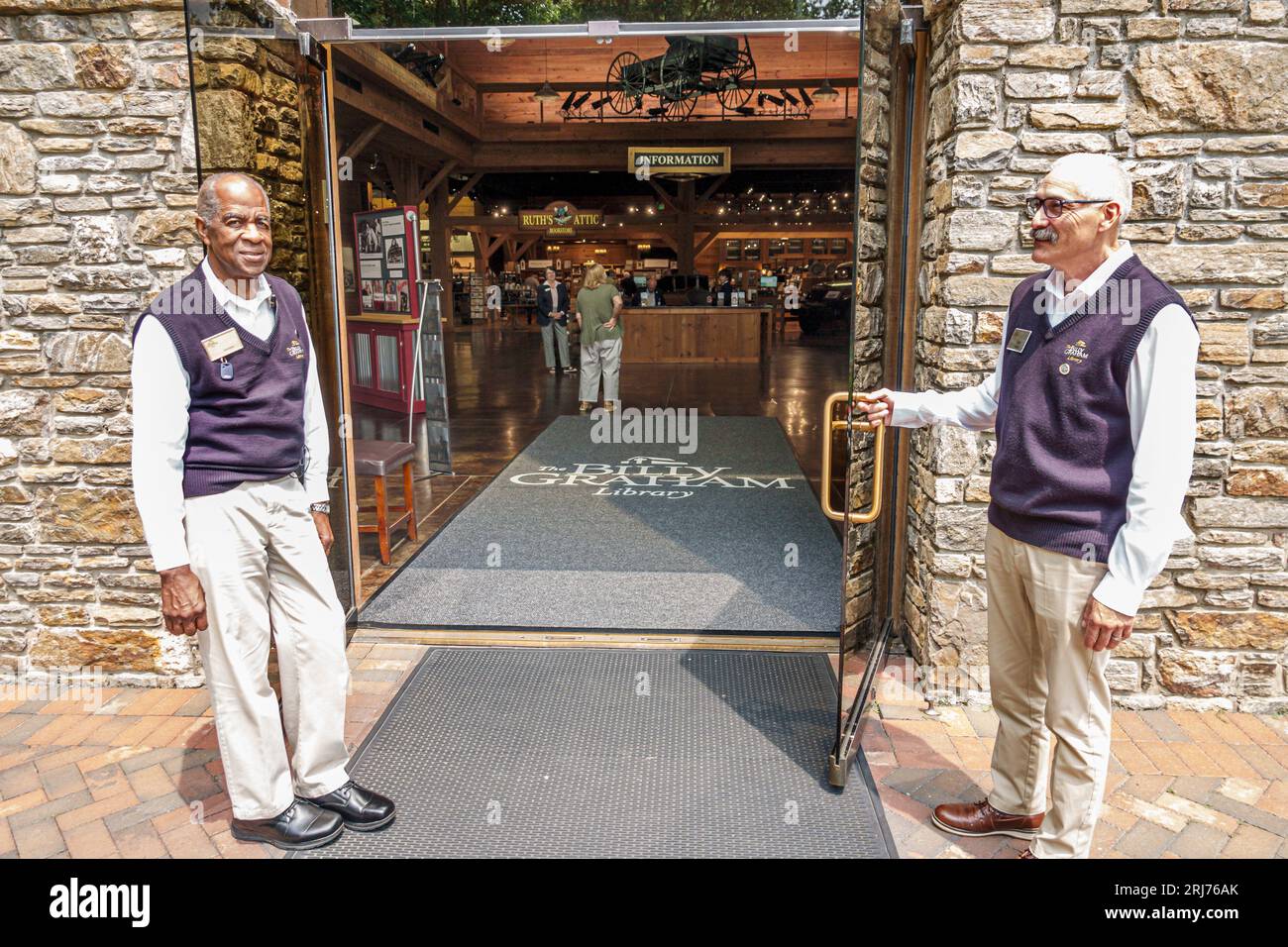 Charlotte North Carolina,Billy Graham Library,guides attendants,man men male,adults Black African,ethnic ethnicity,minority,outside exterior,building Stock Photo