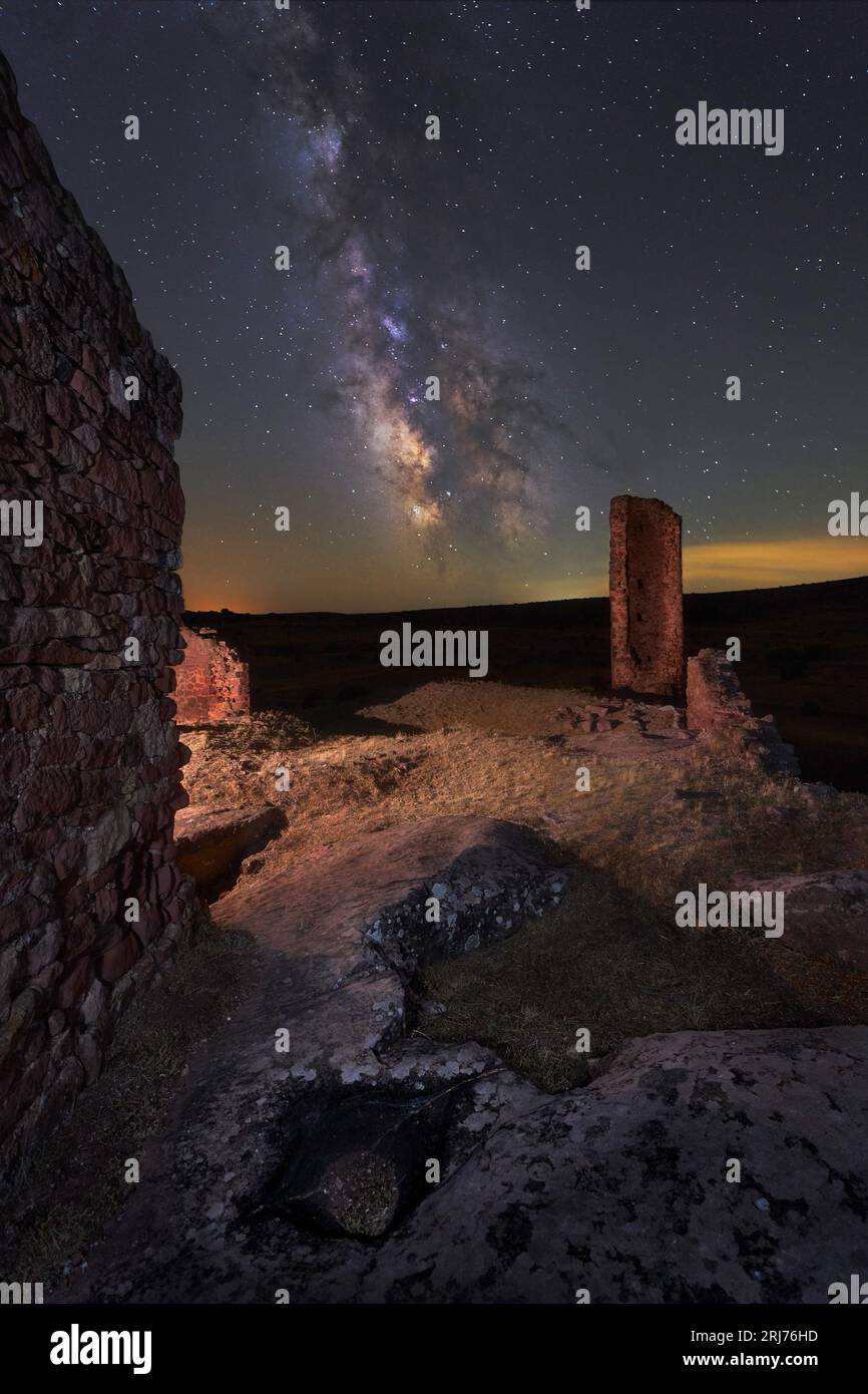 The Ares castle ruins with the milky way in the background Stock Photo