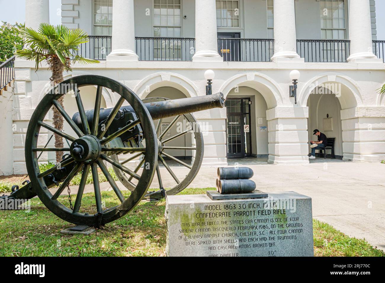 Chester South Carolina,Confederate cannon Parrott field rifle,Civil War,county courthouse court house grounds,outside exterior,building front entrance Stock Photo