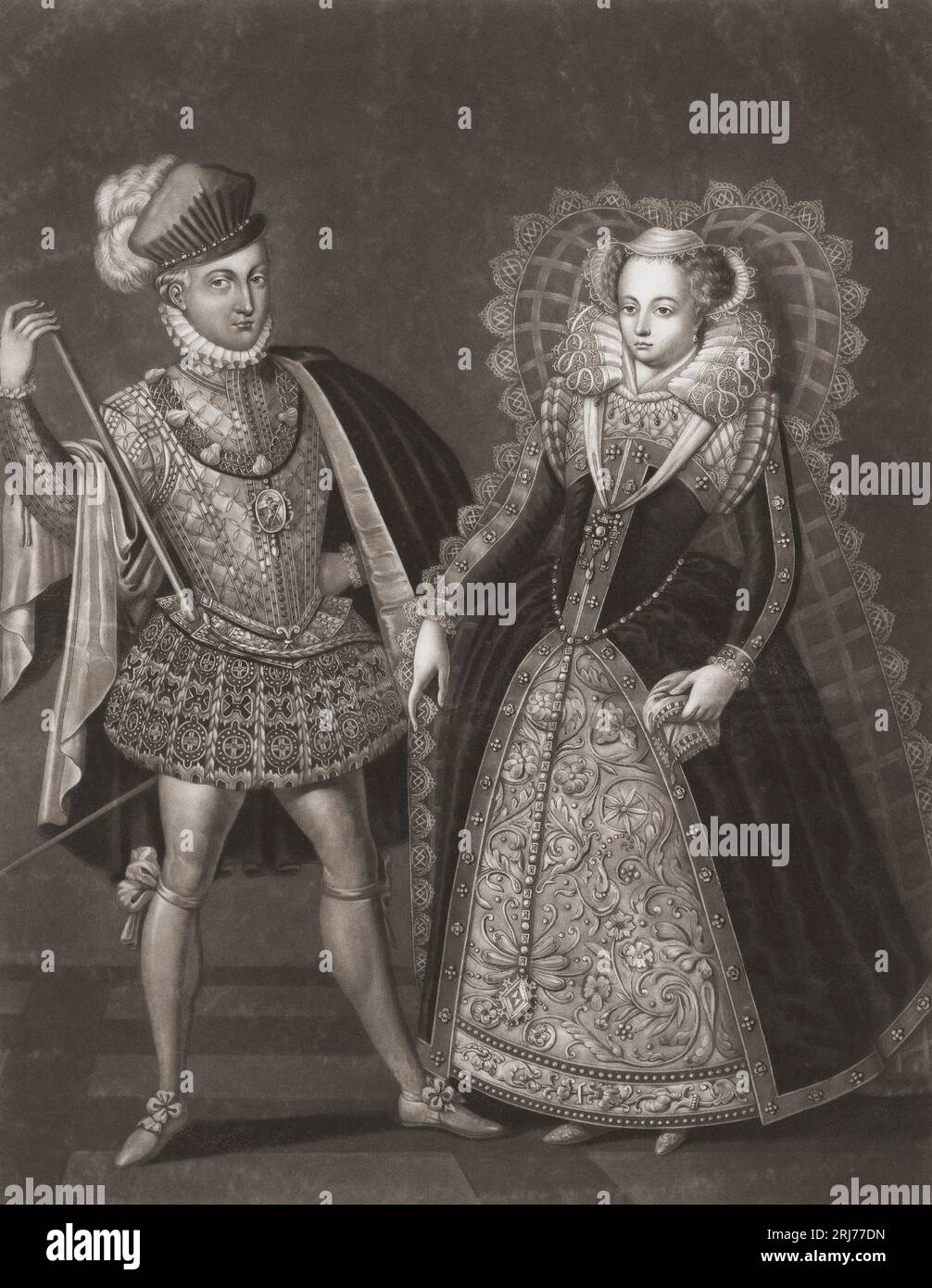 Mary, Queen of Scots also known as Mary Stuart and Mary I of Scotland, 1542 - 1587, with her husband Henry Stuart, Lord Darnley, 1546 - 1567.  After a 19th century print by Renold Elstrack. Stock Photo