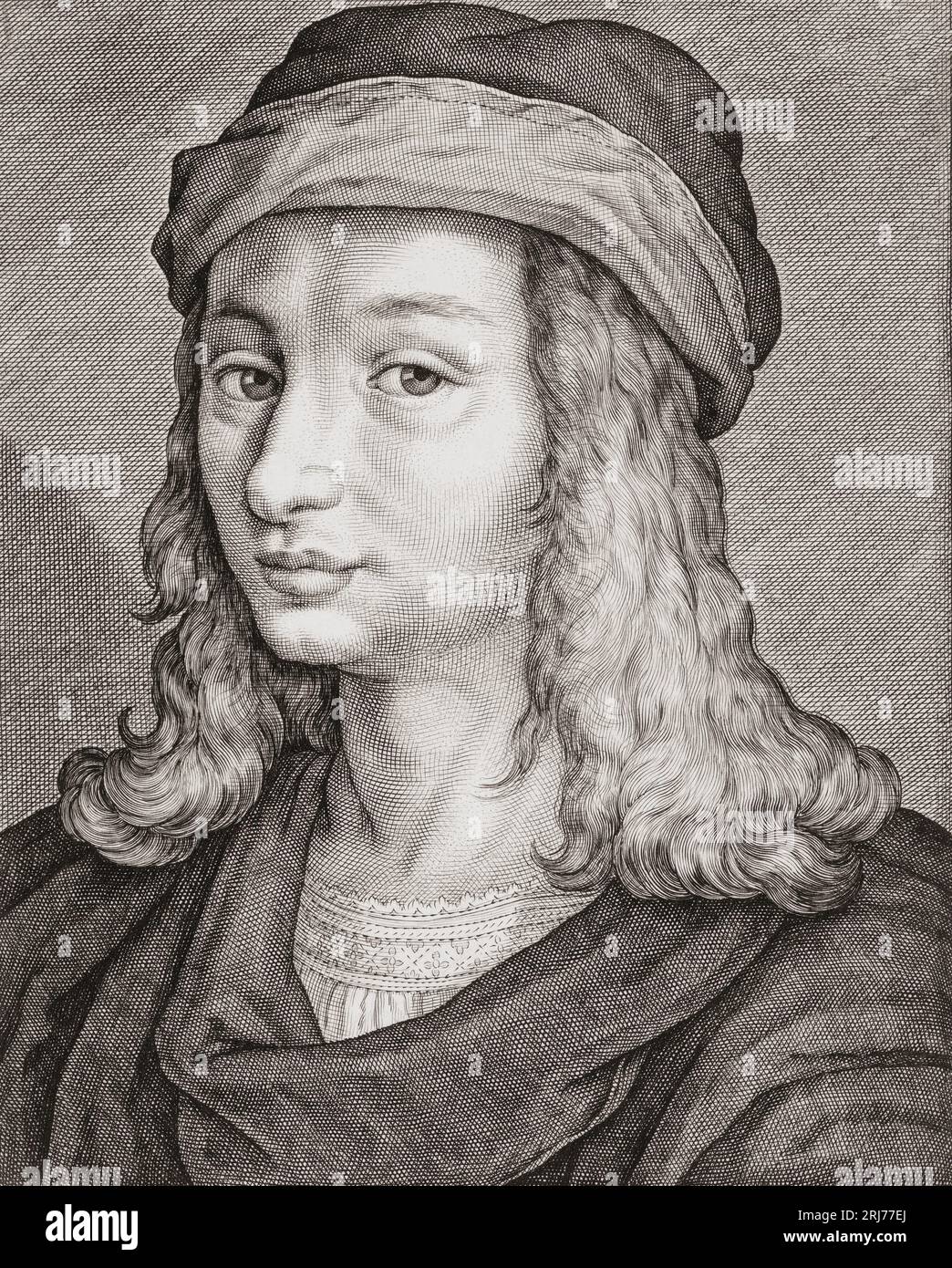 Raffaello Sanzio da Urbino, commonly known as Raphael, 1483 - 1520.  Italian artist and architect.  From an engraving by Jacob Matham after a self-portrait of Raphael. Stock Photo
