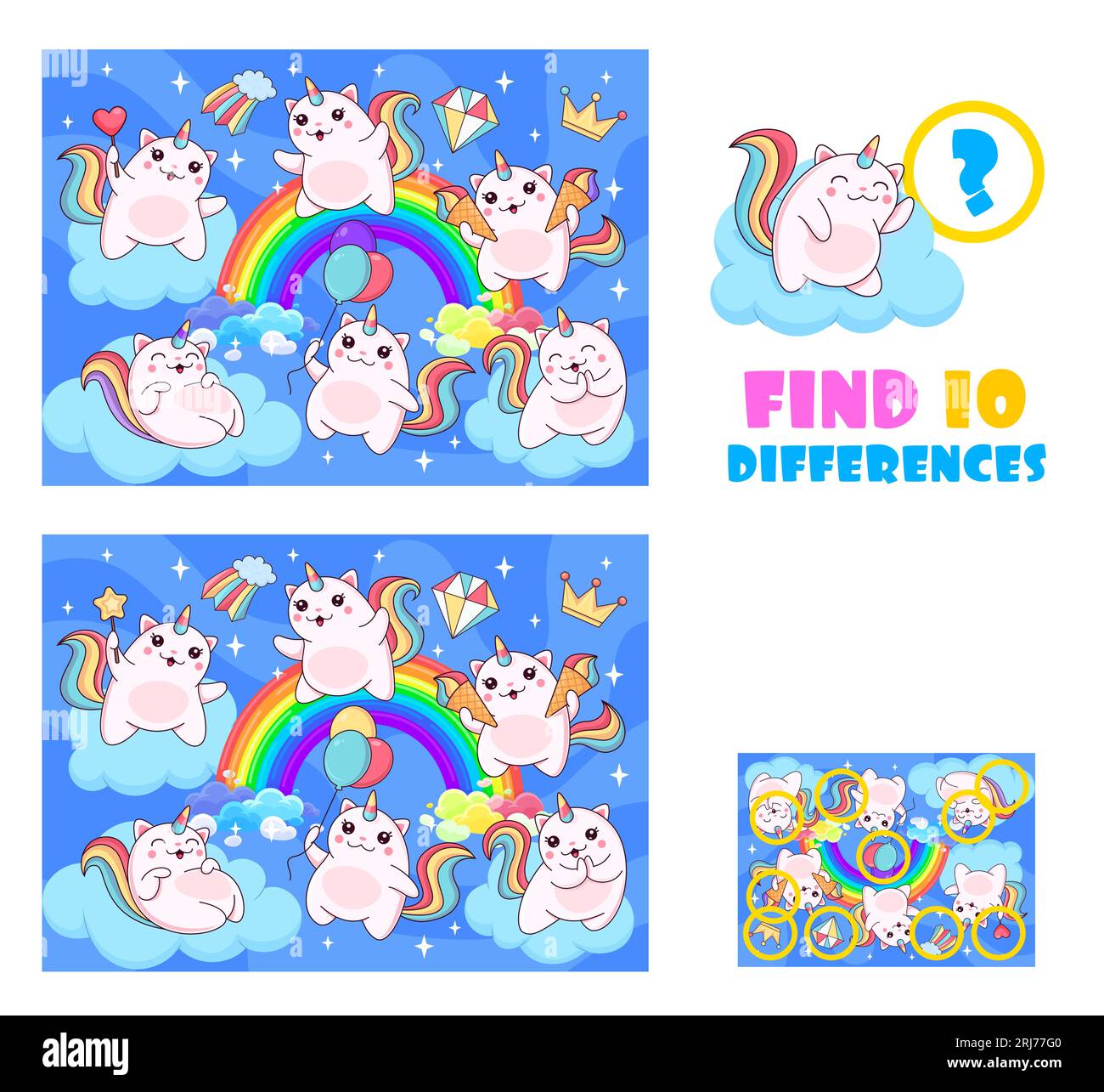 Find ten differences between magic caticorn cat and kitten characters