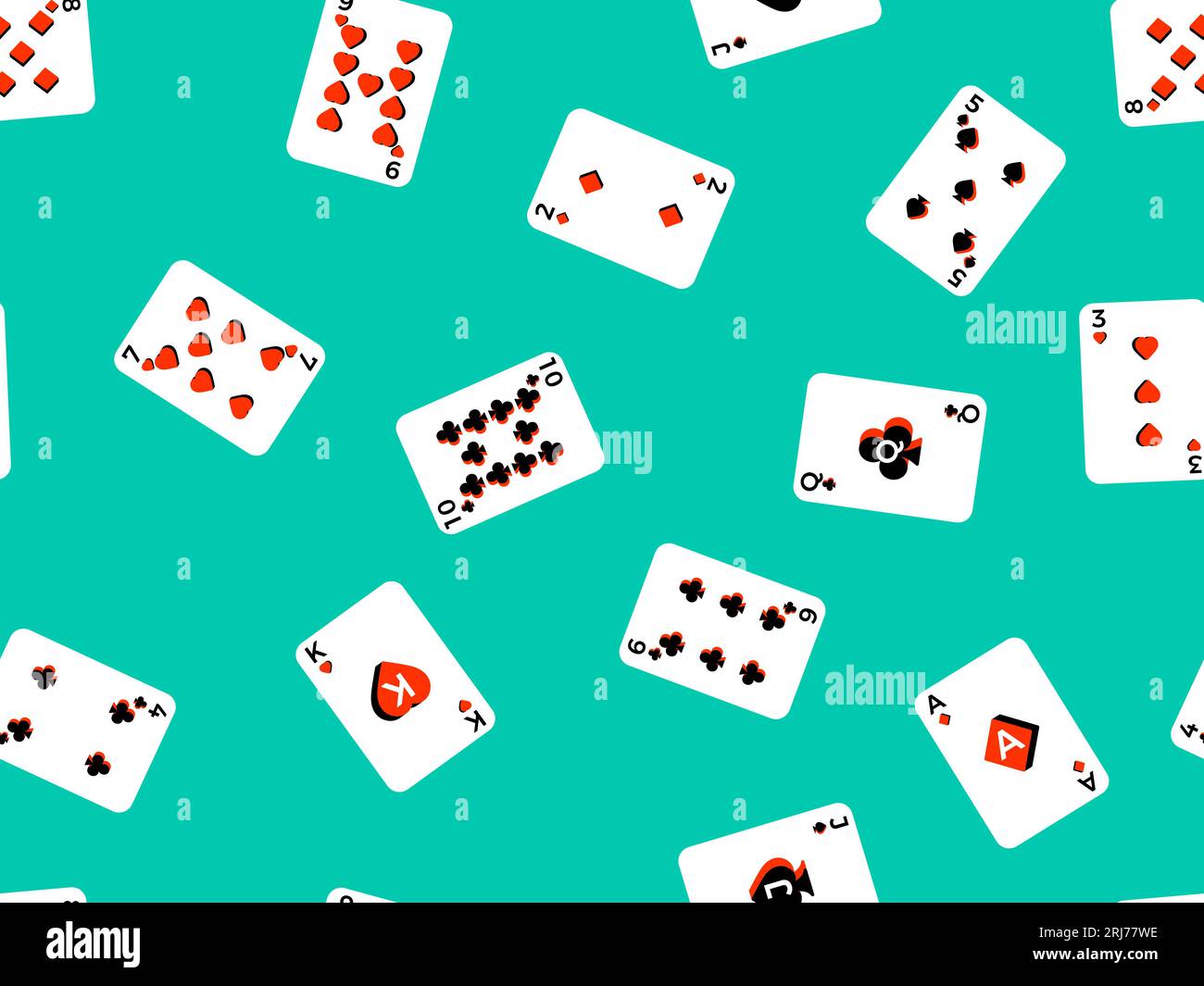 Seamless pattern with playing cards on a green background. Playing
