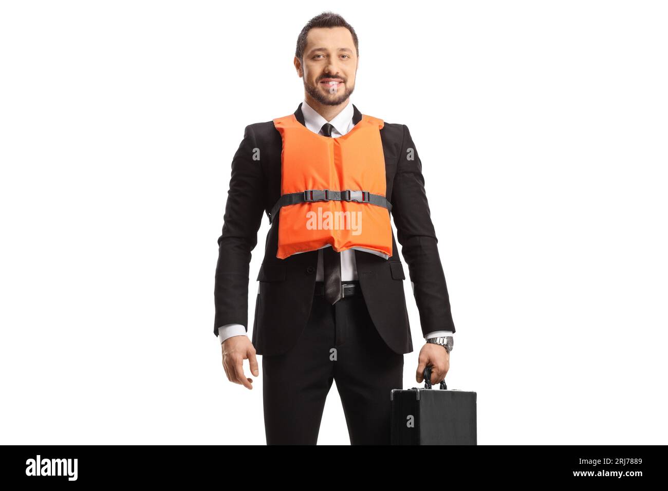 Businessman wearing a life vest isolated on white background Stock Photo
