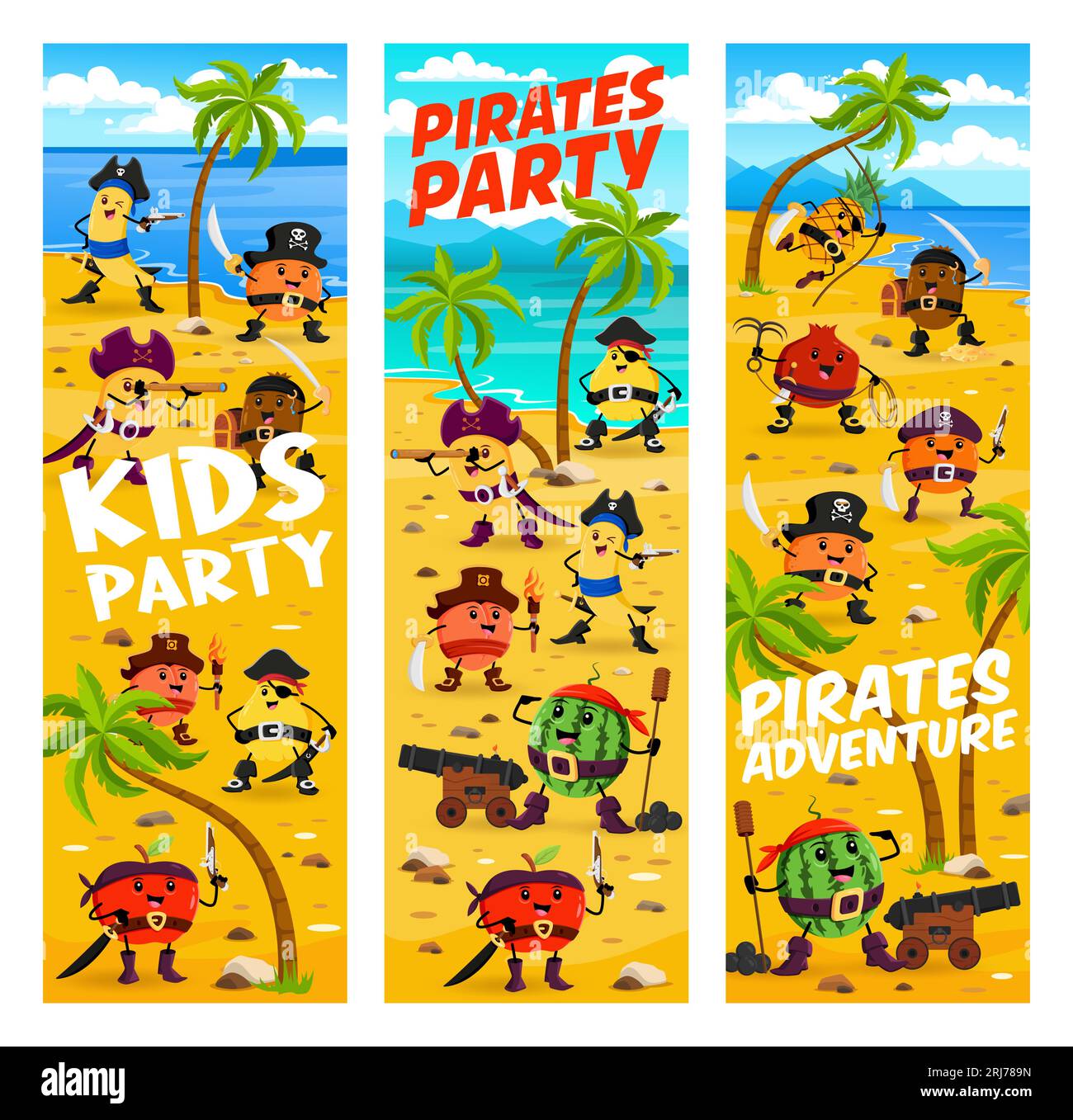 Cartoon fruit captain, pirate sailors and corsairs characters. Vector vertical banners with garnet, pineapple, watermelon, orange and mango, kiwi, app Stock Vector