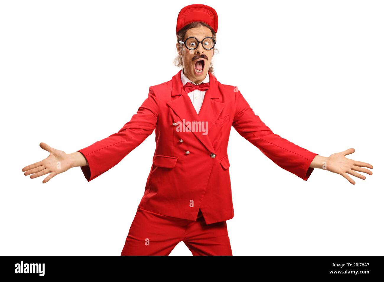 Entertainer in a red suit shouting isolated on white background Stock Photo