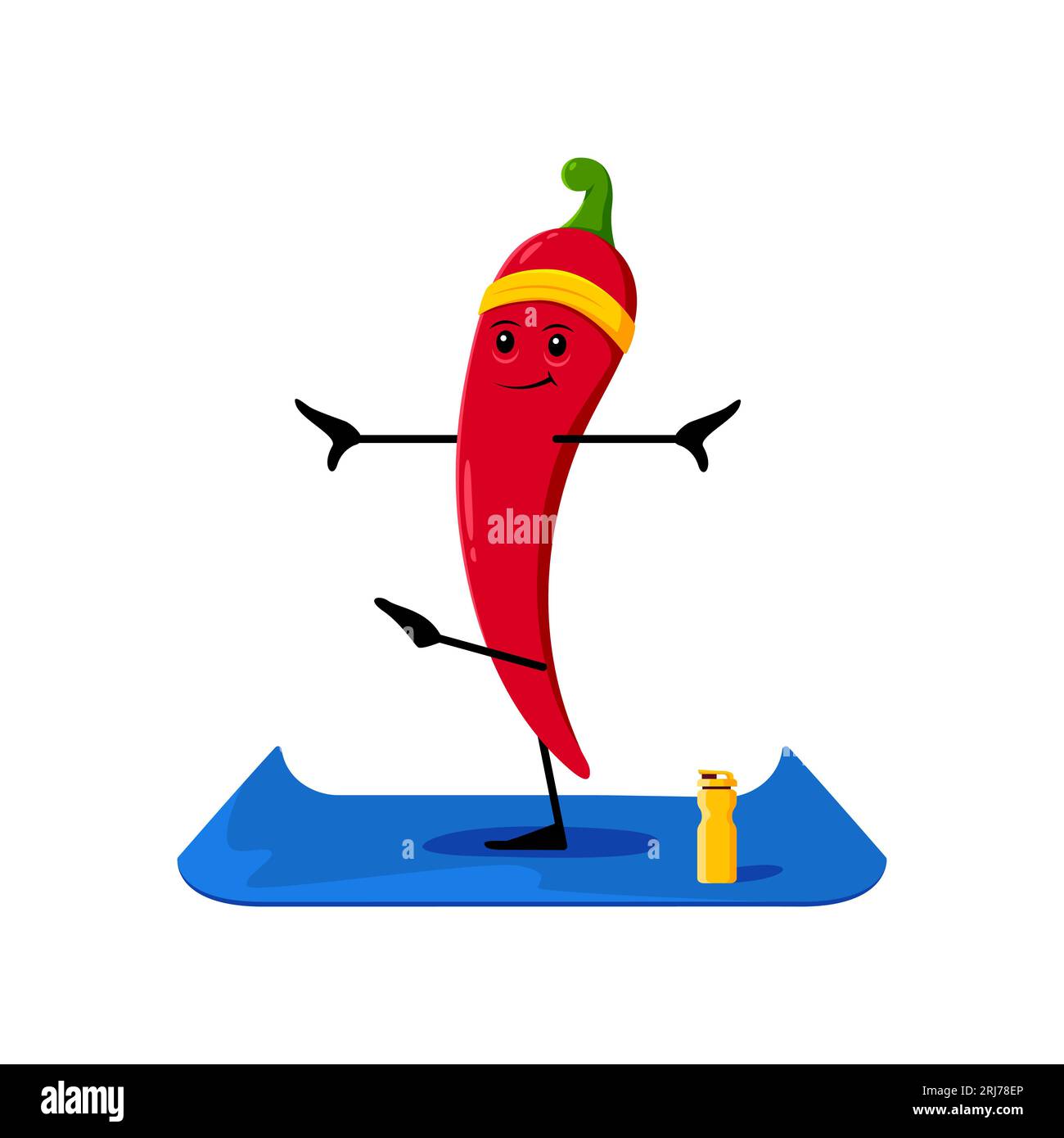 Cartoon Tex Mex Mexican food chili character on yoga fitness. Mexican cuisine fastfood hot spice funny mascot, red chili pepper isolated vector comical personage doing fitness or yoga exercises Stock Vector