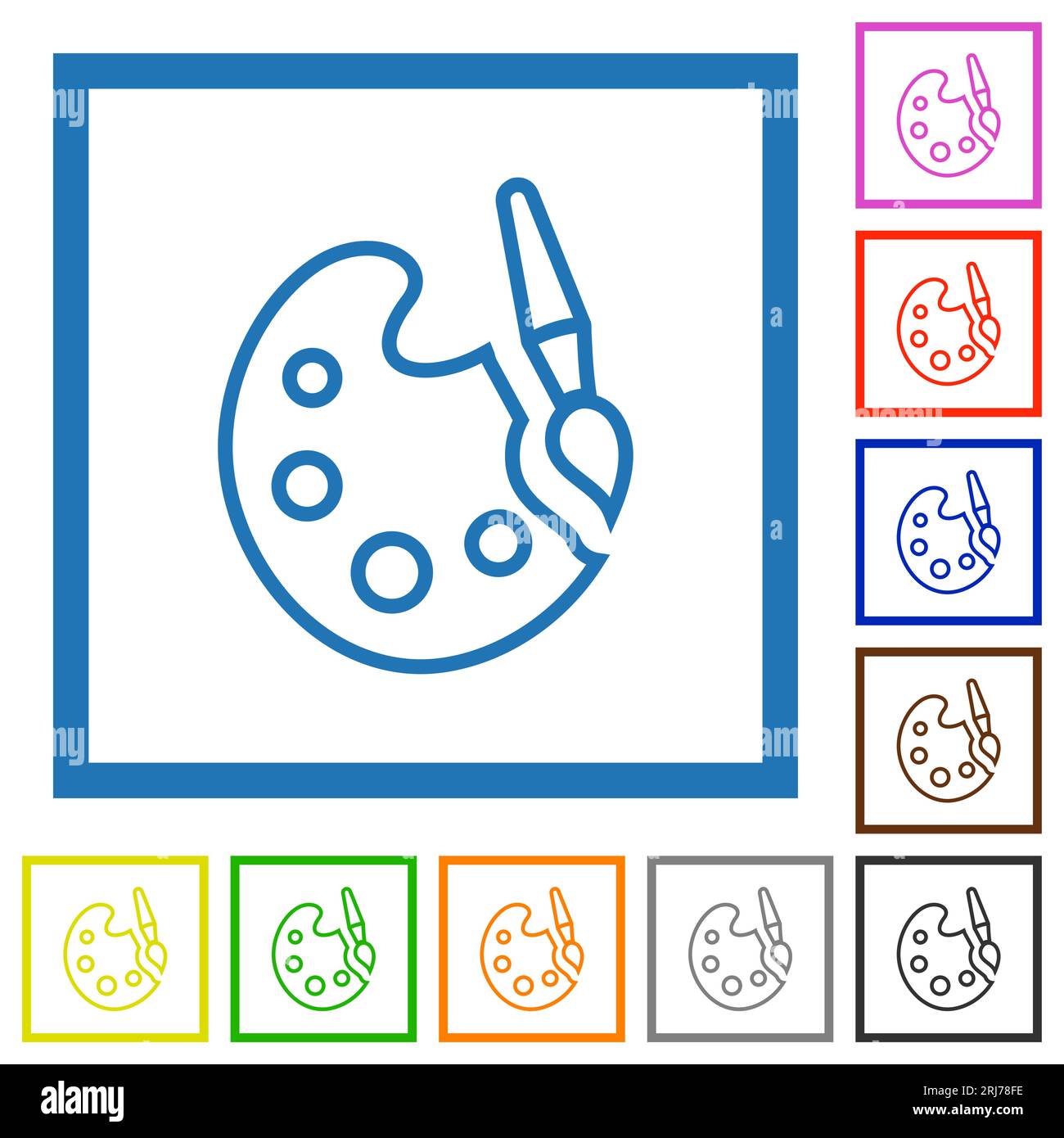 Paint kit outline flat color icons in square frames on white background ...