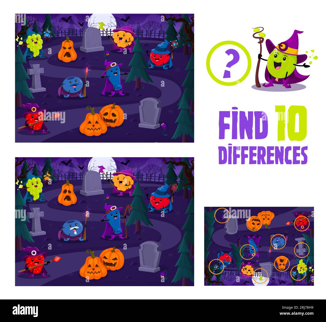 Find ten differences, cartoon Halloween berry wizards and mages at cemetery. Kids game vector worksheet with grape, strawberry, blueberry and honeyberry, cloudberry and cranberry warlock characters Stock Vector