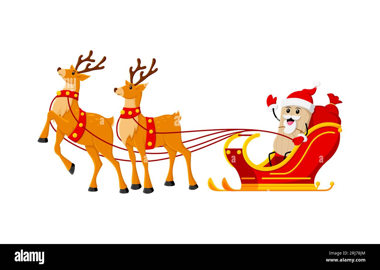 Cartoon Christmas tex mex tamales character in Santa costume joyfully rides a sleigh pulled by majestic reindeers, spreading holiday cheer with gifts. Isolated vector Mexican food Xmas personage Stock Vector