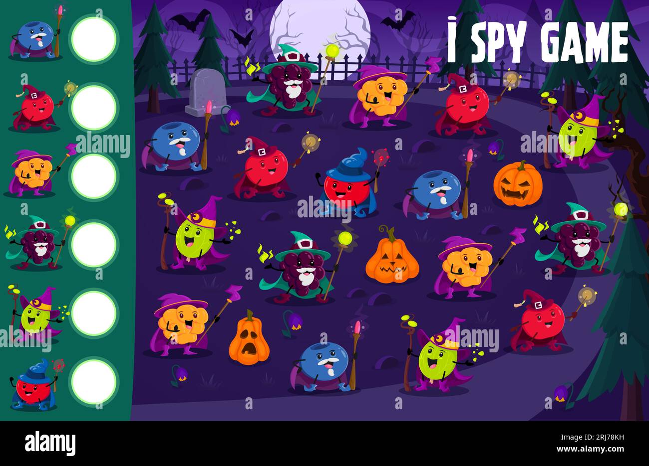 I spy game worksheet. Cartoon Halloween berry wizards at night cemetery. Kids vector riddle count how many blueberry, cherry, cloudberry and blackberry, cranberry and gooseberry warlocks children test Stock Vector