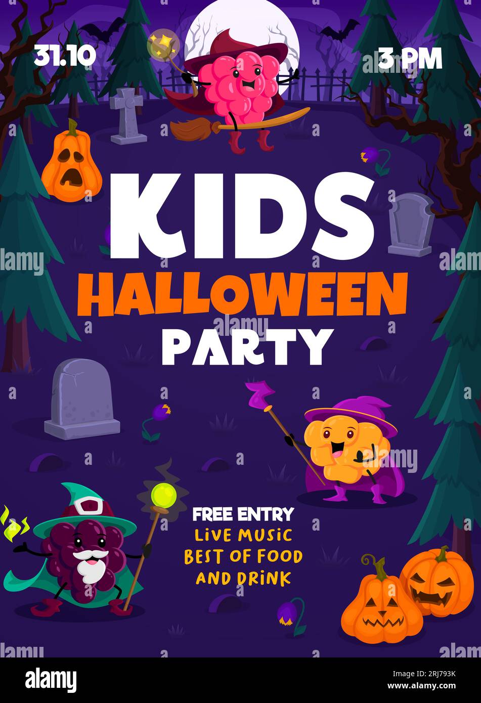 Halloween kids party flyer. Cartoon berry wizards and mages at night cemetery. Vector invitation poster with cute raspberry on broom, cloudberry and blackberry casting spell at dark creepy graveyard Stock Vector