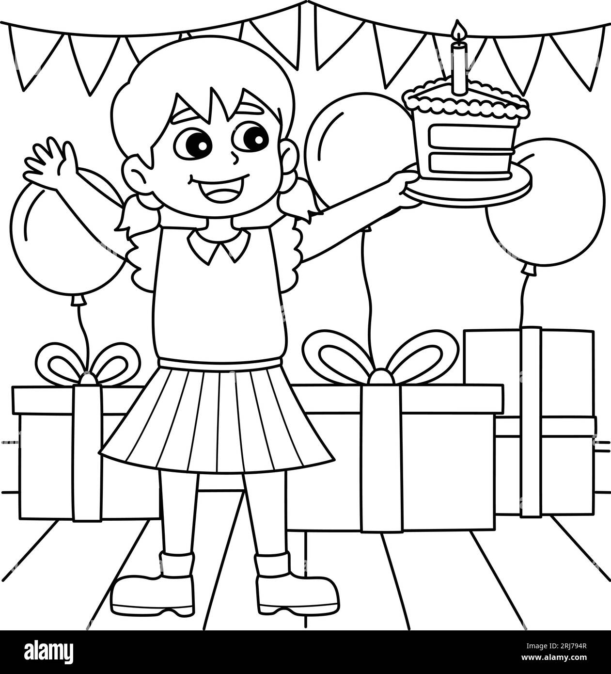 Girl Holding Happy Birthday Cake Coloring Page  Stock Vector