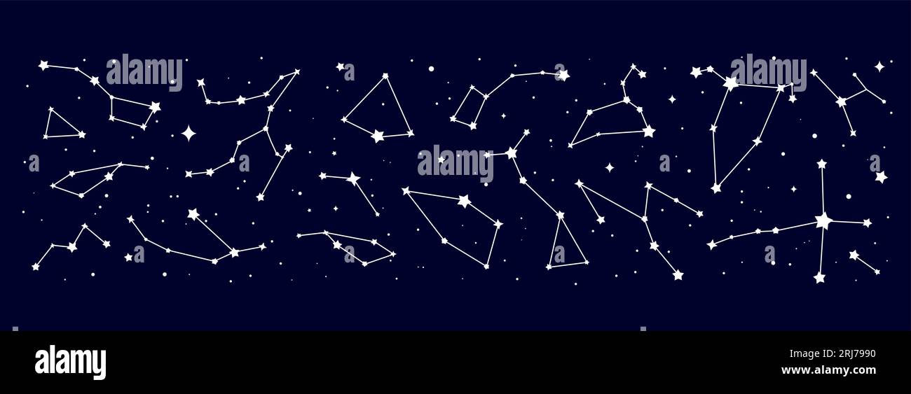 Star constellation border. Night space sky map, astrology. Vector detailed chart displaying positions of visible celestial objects. Pattern for astronomy, esoteric, tarot, magic and mystic horoscope Stock Vector