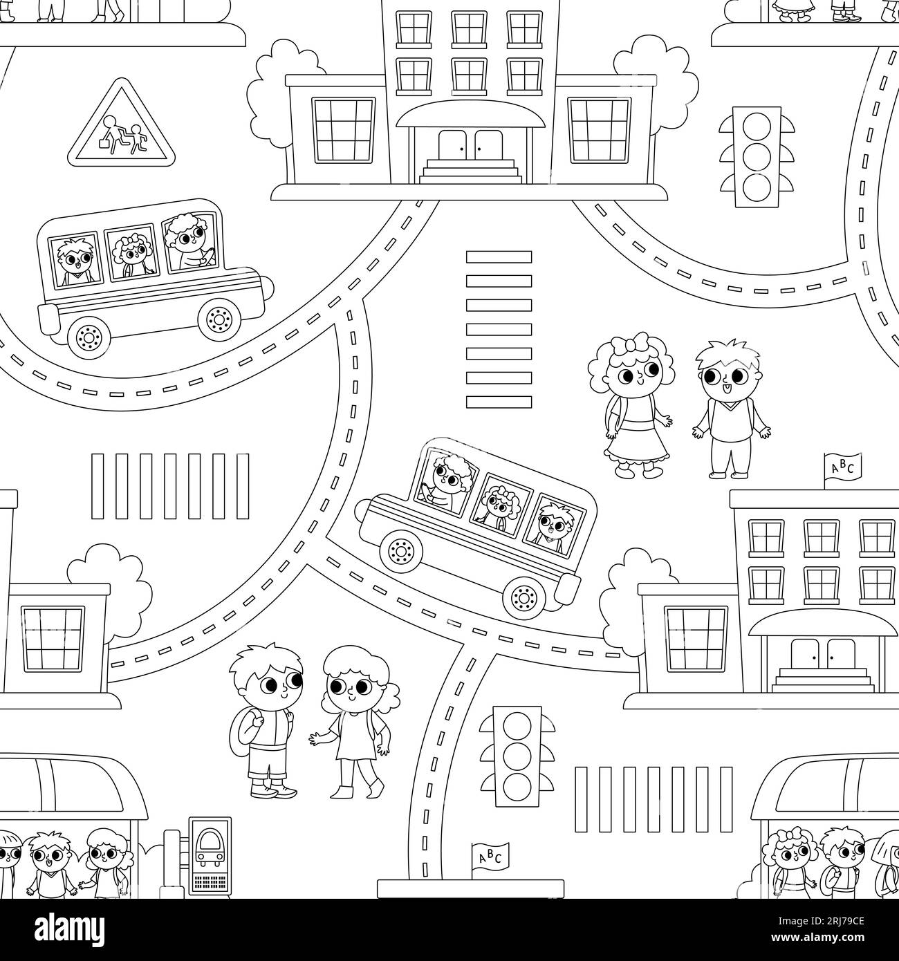 Vector black and white transportation seamless pattern with children. Funny school bus repeating background with driver, little schoolchildren, bus st Stock Vector