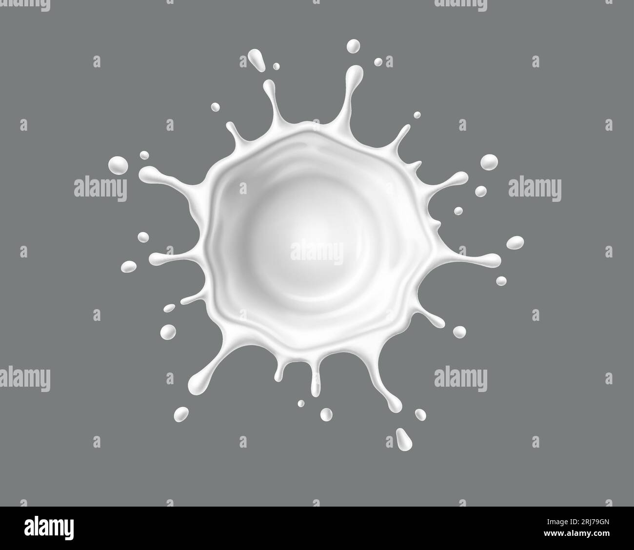 Liquid white yogurt or milk cream flow round splash top view. Isolated 3d vector glistening creamy cascade in a smooth, circular flow, creating a mesmerizing high angle view with elegant droplets Stock Vector