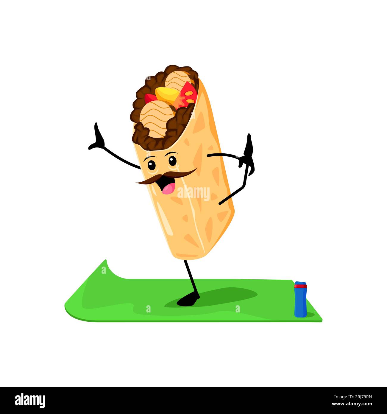 Cartoon tex mex burrito mexican food character on yoga fitness. Isolated vector tasty roll personage gracefully practicing yogi poses, bringing healthy twist to practice of mindfulness and flexibility Stock Vector