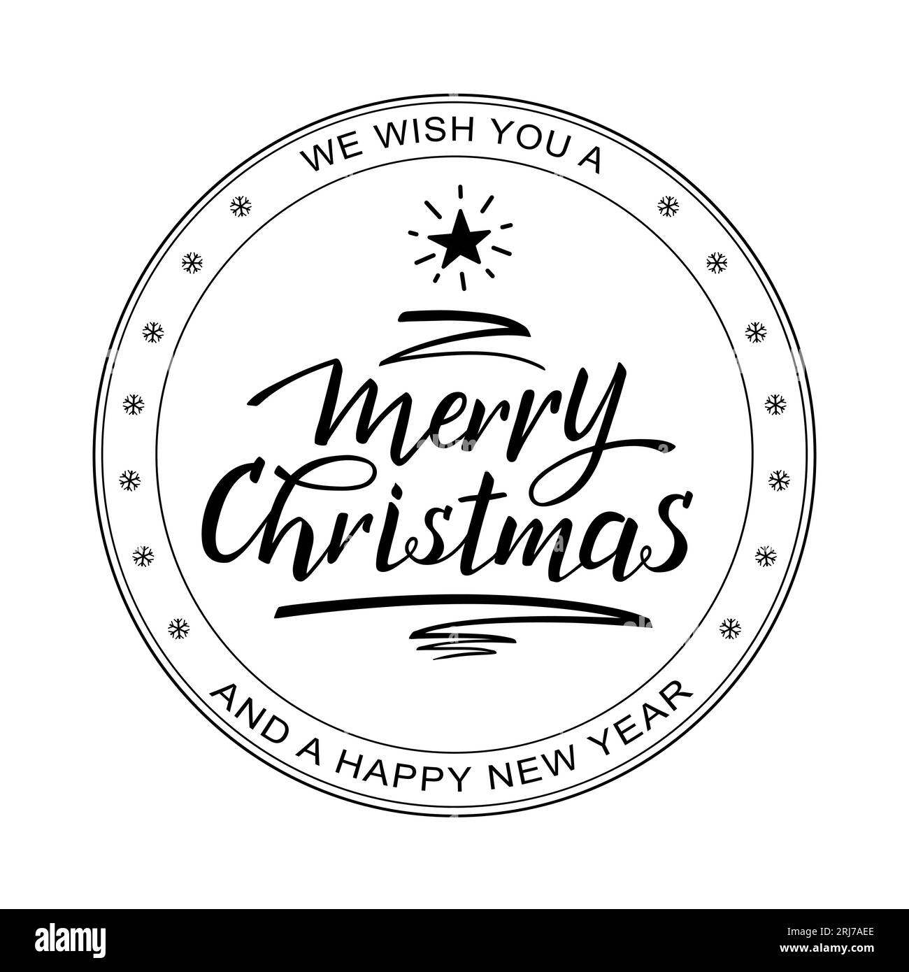 We wish you a Merry Christmas and a Happy New Year. Rubber stamp. Christmas Tree pen stroke with a star. Handwritten vintage calligraphic text Stock Vector