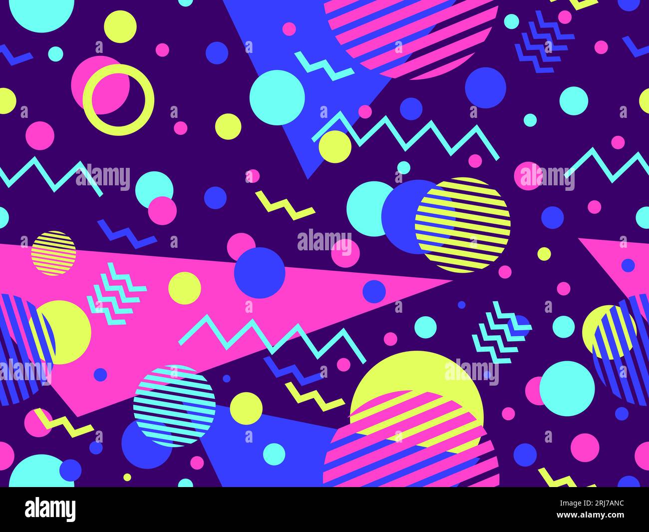 80s seamless pattern with geometric shapes in memphis style. Circles and triangles. Colorful abstract background for printing on promotional items, ba Stock Vector