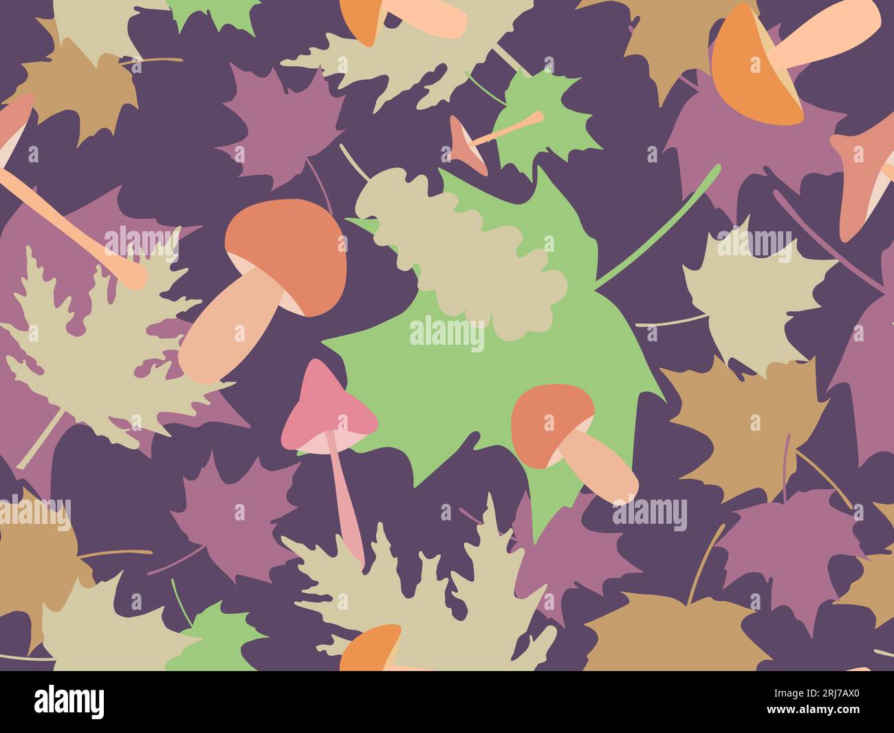 Autumn seamless pattern with leaves and mushrooms. Leaf fall, maple and oak leaves with different mushrooms. Design for wallpaper, print, typography a Stock Vector