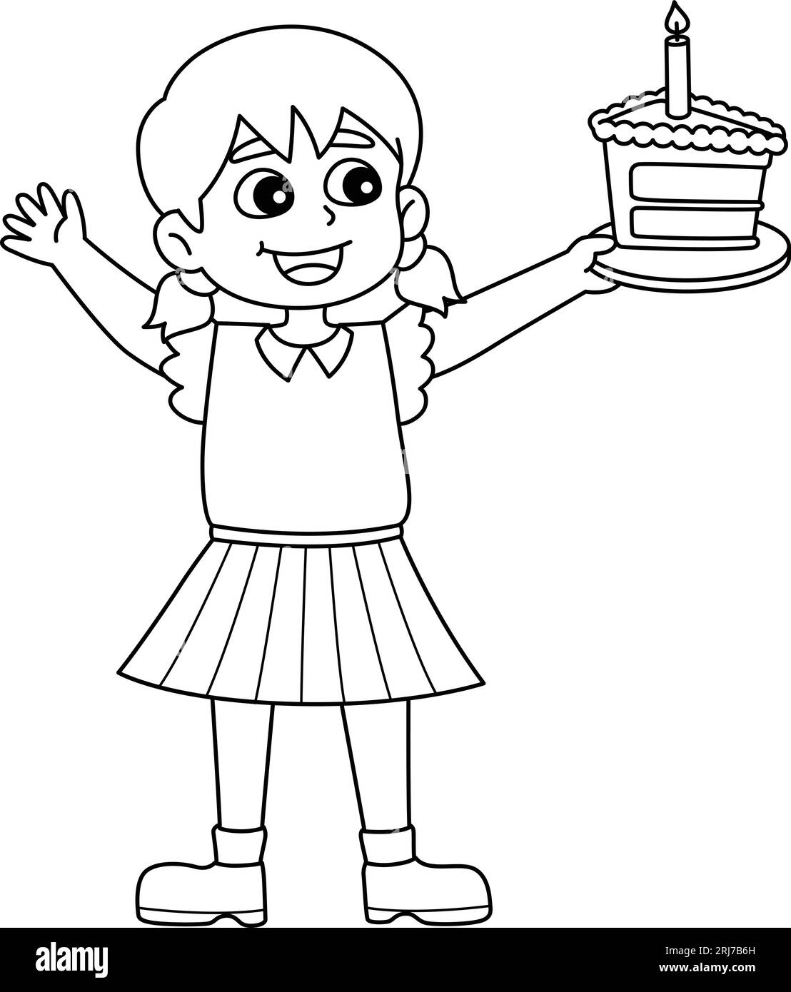 Girl Holding Happy Birthday Cake Isolated Coloring Stock Vector
