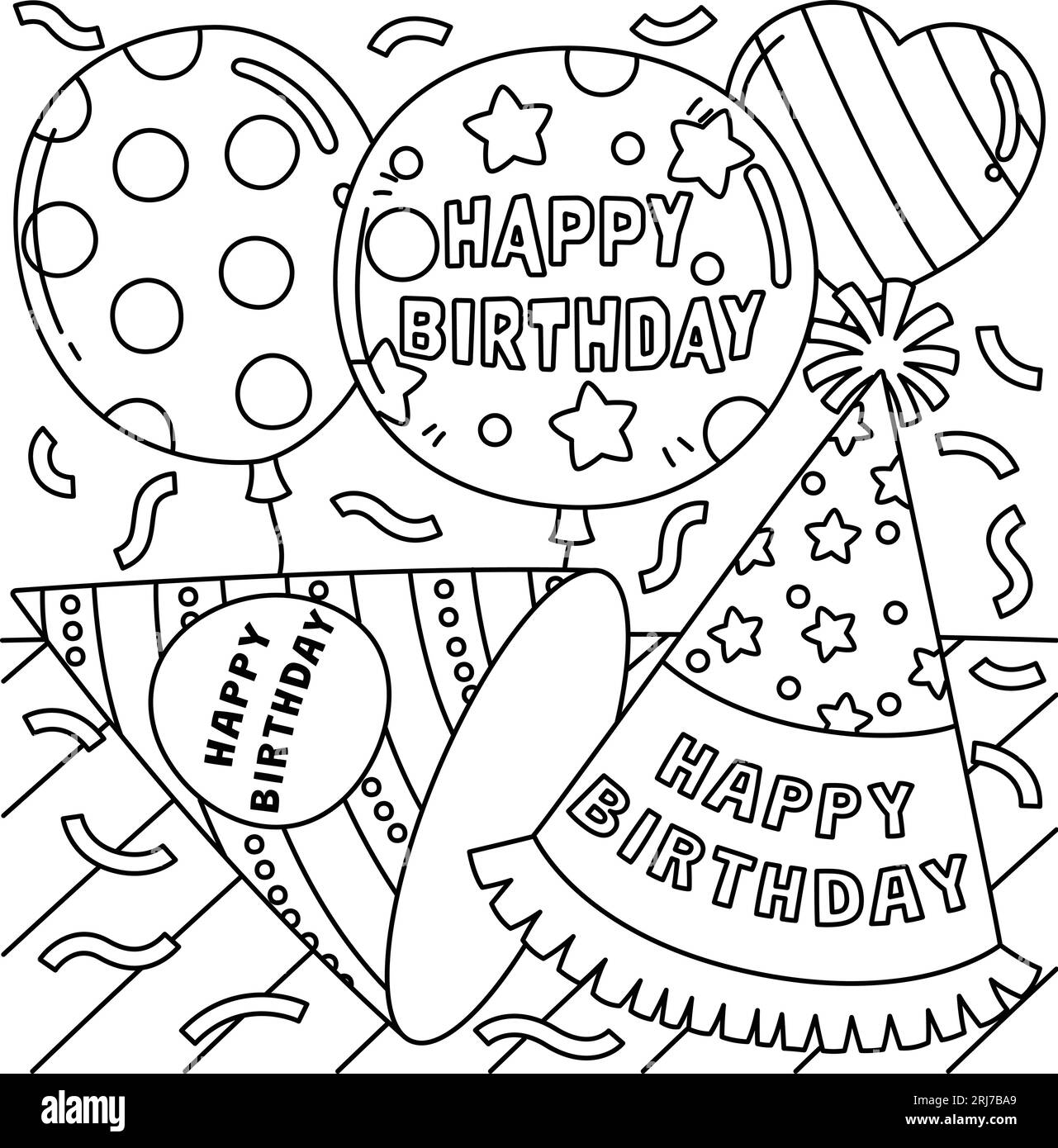 Birthday Party Hats and Balloons Coloring Page Stock Vector
