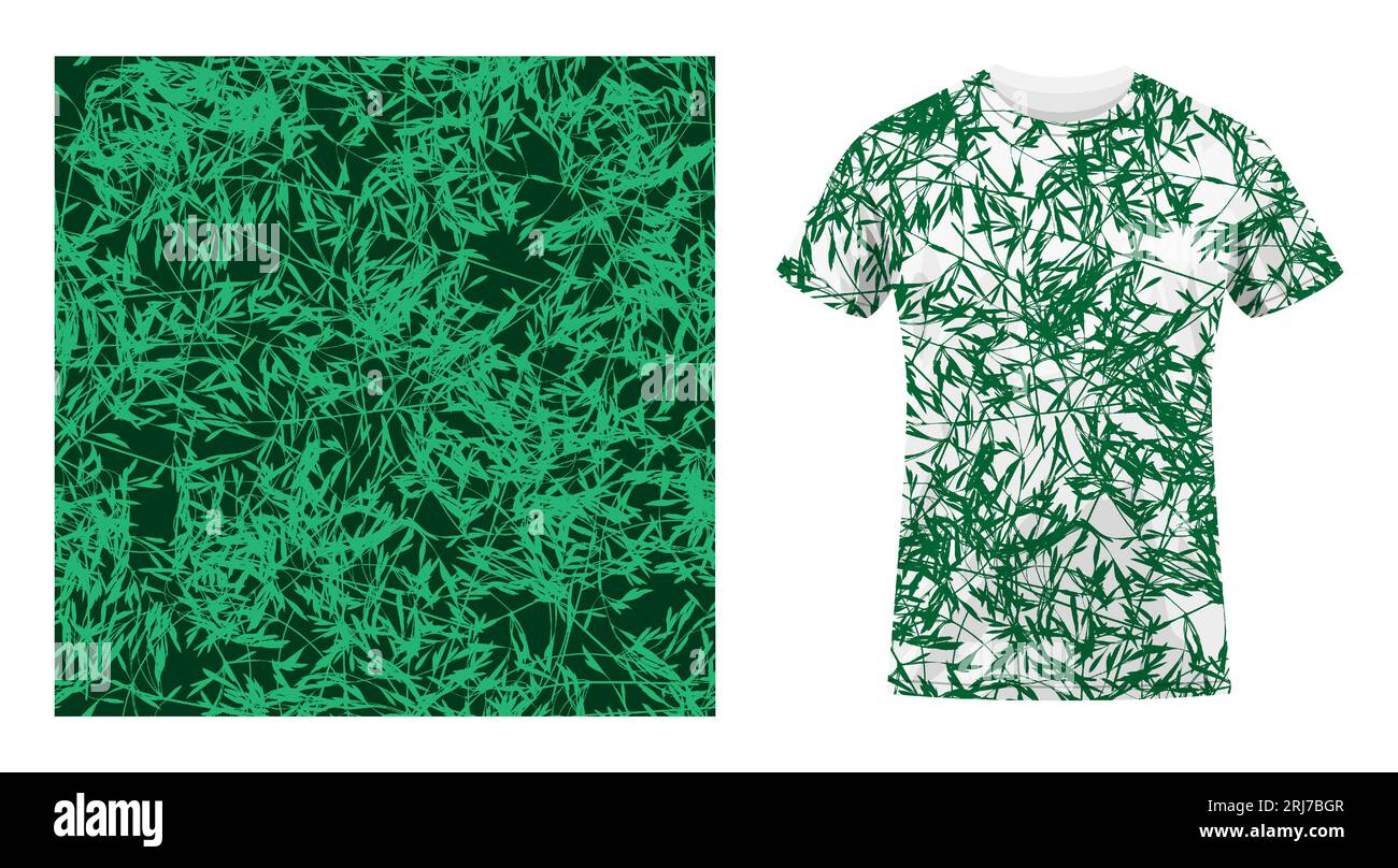 Short sleeved cotton sports t shirt decorated camouflage grass leaves silhouettes seamless pattern. Grass floral ornate. Comfortable summer clothes. V Stock Vector