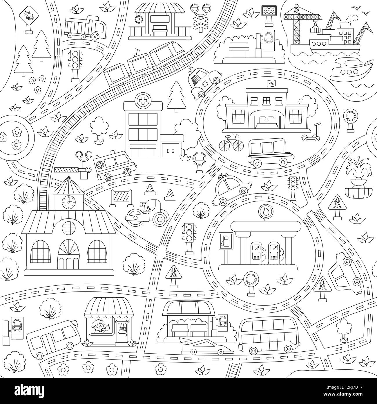 City transport black and white map seamless pattern. Repeating line ...