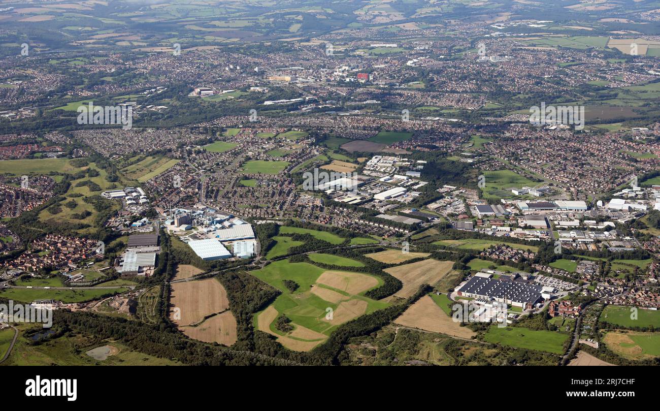 Aerial view from 3000' of Carlton, Athersley, Monk Bretton & Cudworth with Barnsley in background. Right foreground is Premier Foods factory Stock Photo