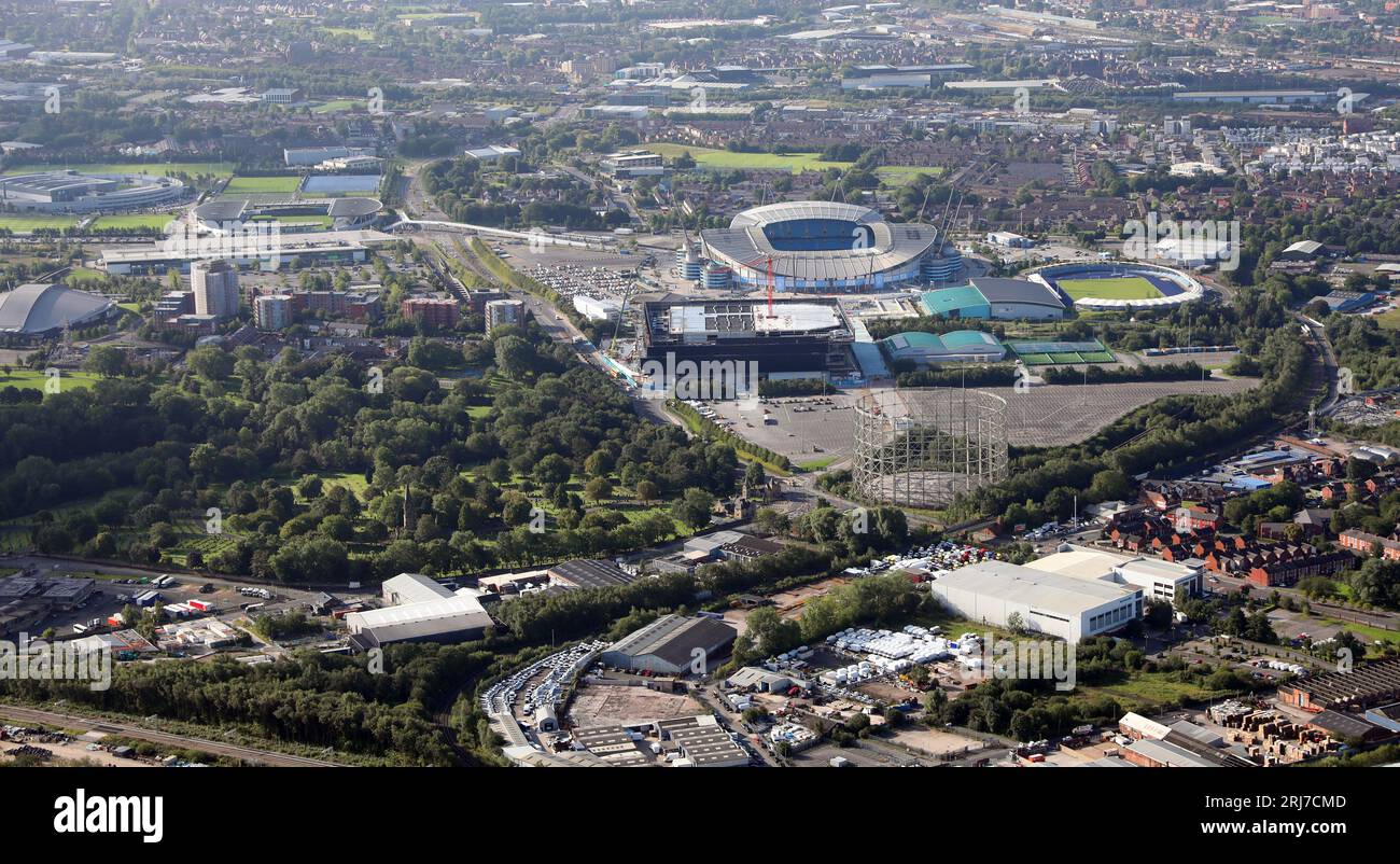 aerial view (from the NNWest) of the Philips Park & Etihad Campus and Etihad Stadium area of East Manchester Stock Photo