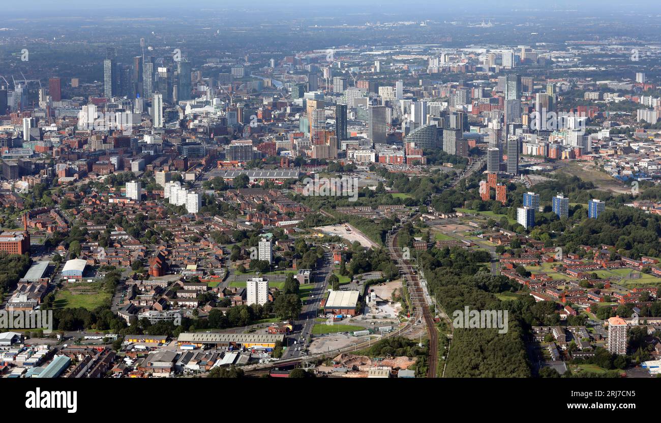 aerial view of Miles Platting and then Ancoats looking west towards the