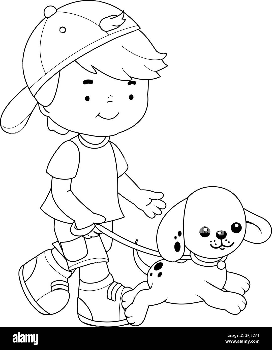 Child walking the dog. Vector black and white coloring page. Stock Vector