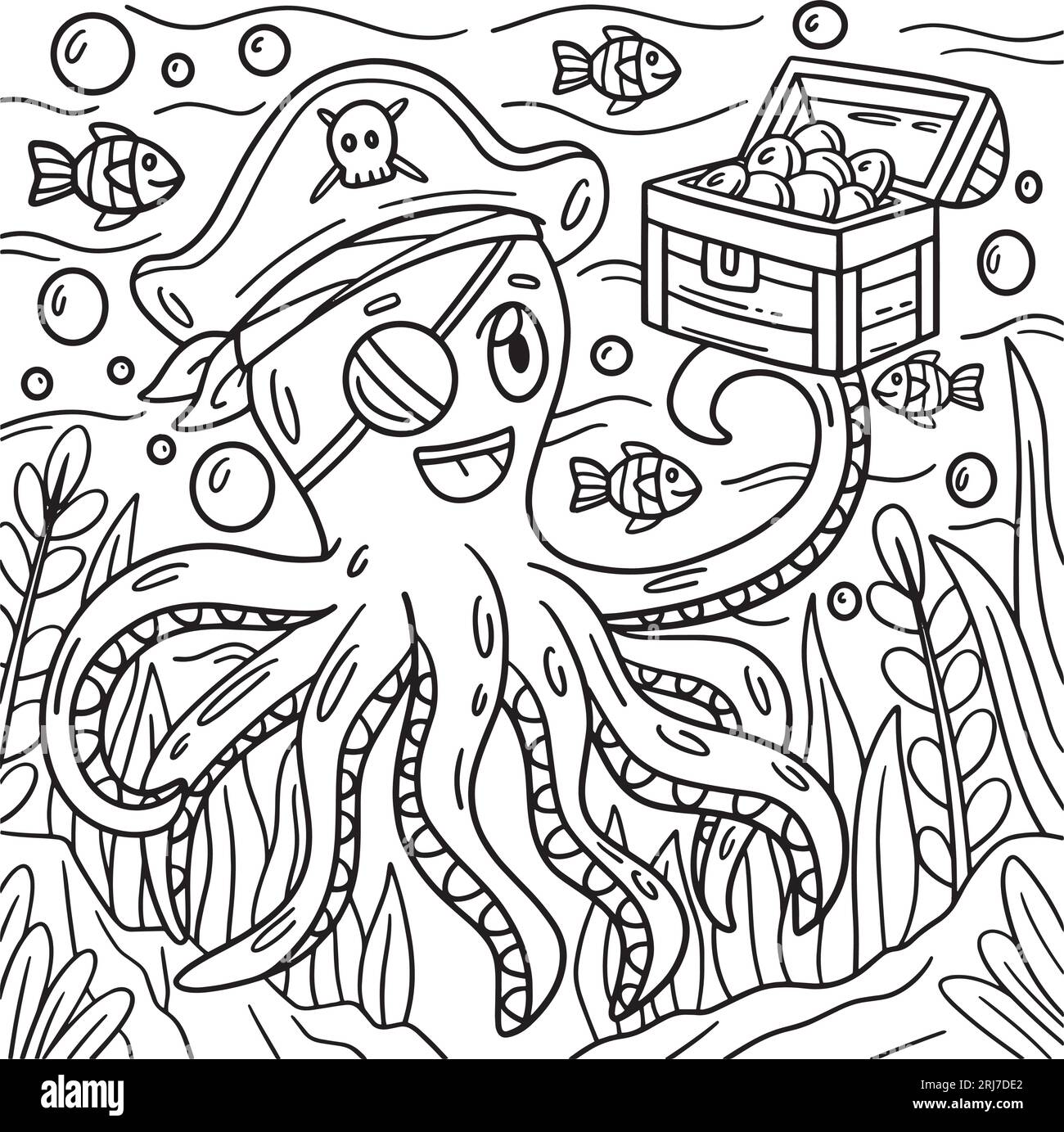 Pirate Octopus Holding Chest Coloring Page Stock Vector Image & Art - Alamy