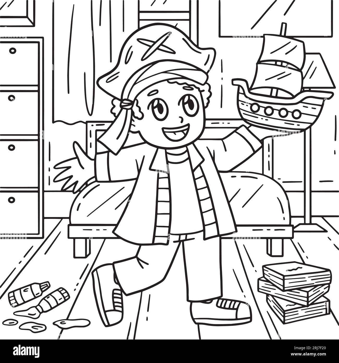 Child with Pirate Hat and Model Ship Coloring Page Stock Vector Image ...