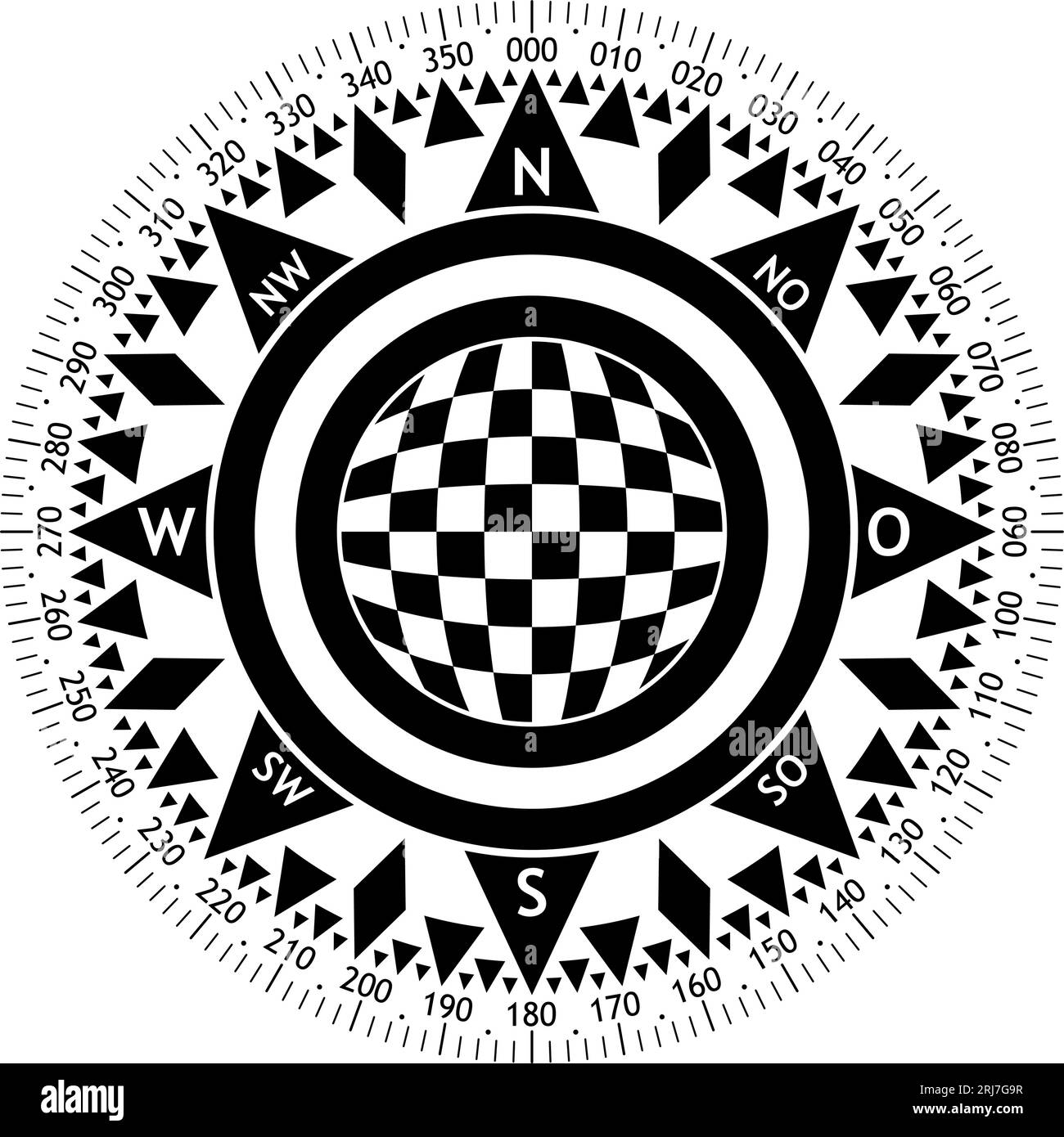 Compass rose vector with eight wind directions and German East description.  Wind Rose with 360 degree scale and abstract chess pattern ball Stock  Vector Image & Art - Alamy