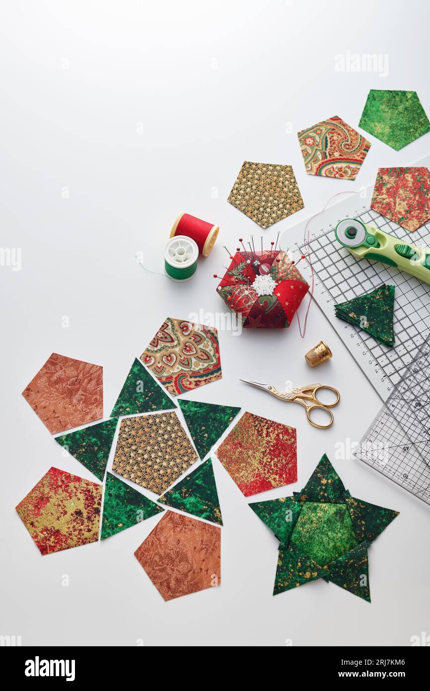 Preparation of pentagon and triangular pieces of fabric for sewing