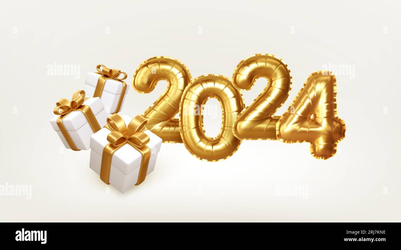 Happy New Year 2025 gold number and gift. Calendar header, greetings