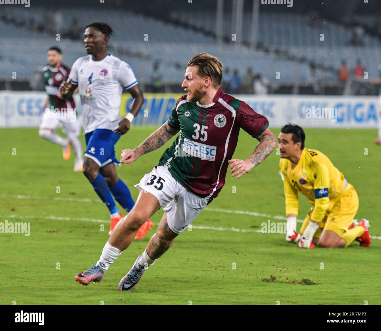 Kolkata, India. 16th Aug, 2023. Cummings (No.35) of Mohun Bagan Super Giant seen in action during the 2023-24 AFC Cup Preliminary Stage 2 match between Mohun Bagan Super Giant and Machhindra FC at Salt Lake Stadium. Final score; Mohun Bagan 3:1 Machhindra. Credit: SOPA Images Limited/Alamy Live News Stock Photo