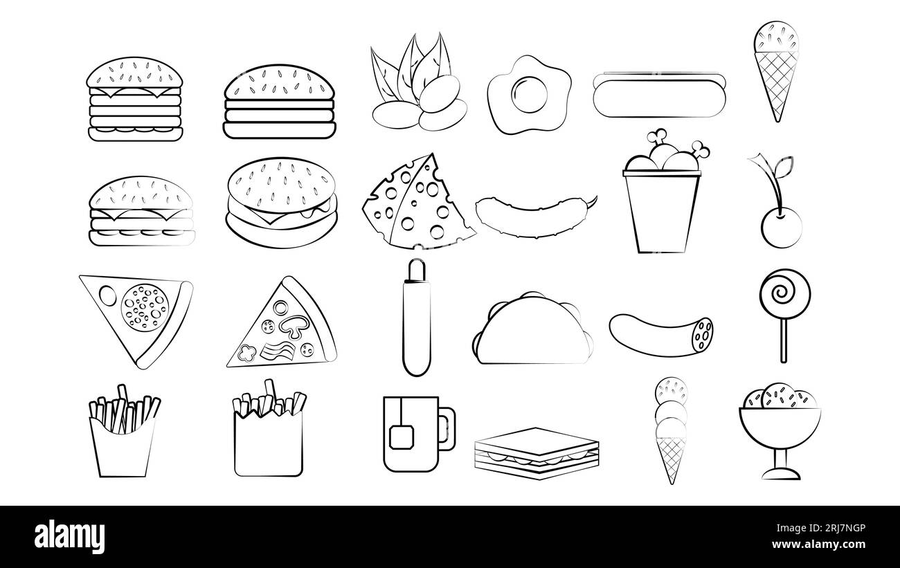 Black and white set of 28 food and snack items icons for restaurant bar cafe: burger, nuts, egg, sausage, ice cream, pizza, burrito, candy, tea. The b Stock Vector